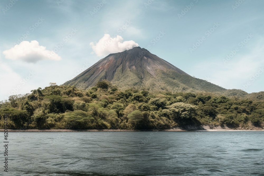 Obraz premium View of Chaparrastique Volcano from Laguna Olomega in San Miguel, El Salvador. Generative AI