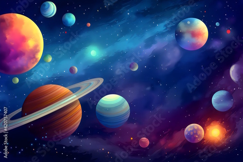 Starry Space Poster with a Dreamy and Beautiful Space-Themed Background  Filled with Planets and Sparkling Stars  Setting the Stage for an Unforgettable Kids  Party. Generative AI