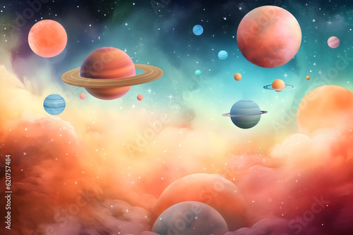 Magical Space Adventure, Poster of a Dreamy and Beautiful Space-Themed Background with Planets and Stars, Creating an Enchanting Atmosphere for Kids' Party. Generative AI