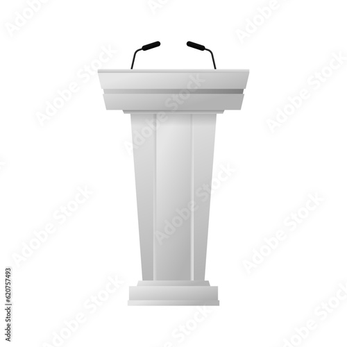 A stage stand or debate podium with microphones isolated on a white background. Business presentation or conference. White realistic tribune. Vector illustration.