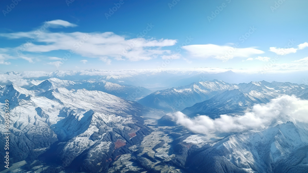 Panoramic View of Snow-capped Peaks and Alpine Valleys from a Glider. Generative Ai