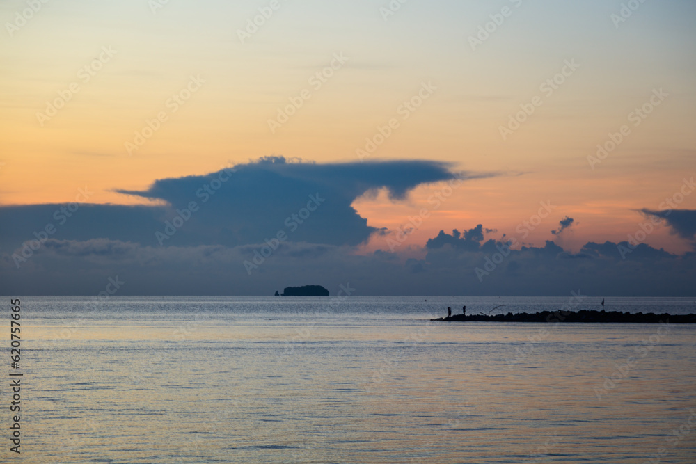 Sunrise landscape with fishing boats and beautiful sea sky,