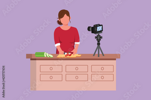 Character flat drawing female food blogger logo. Chef cooking, recording video using camera. Online channel, stream. Woman teaches cooking new recipe. Culinary show. Cartoon design vector illustration