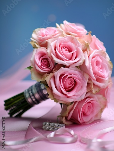 Pink rose flower bridal bouquet blurred background. AI Generated