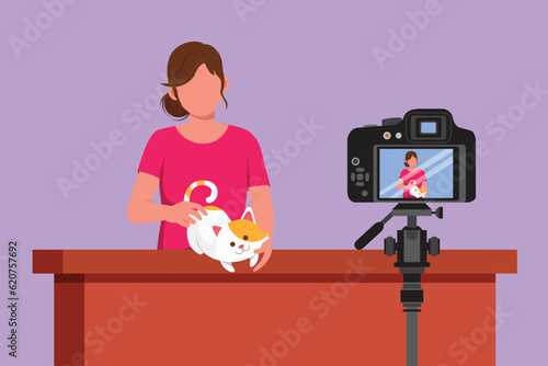 Graphic flat design drawing vet blogger sitting in front of camera with cats and recording video blog about animals, pets. Zoo psychologist creating content for vlog. Cartoon style vector illustration