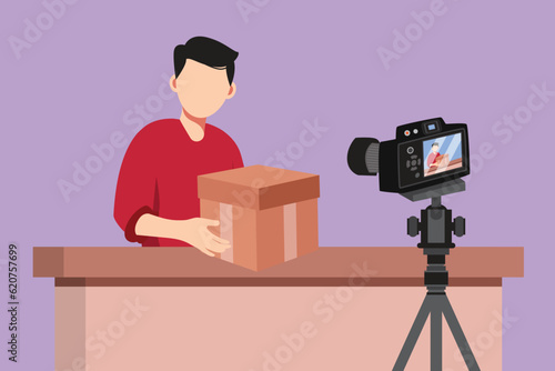 Cartoon flat style drawing young male vlogger unbox and review product live on streaming channel in studio. Social media influencer recording unboxing video at home. Graphic design vector illustration