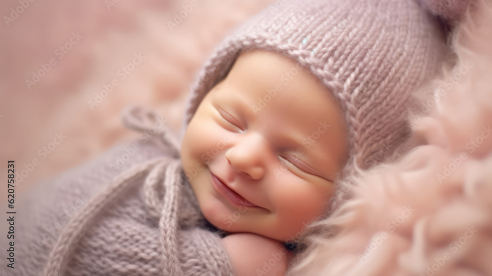 Sleeping newborn, smile baby, pastel violet background Sleeping newborn, smile baby, pastel violet background