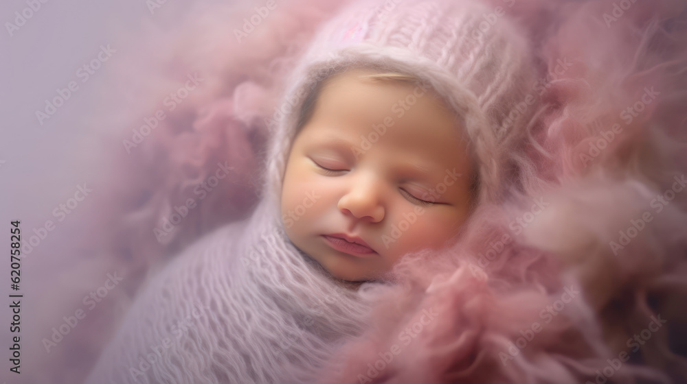 Sleeping newborn, smile baby, pastel violet background Sleeping newborn, smile baby, pastel violet background