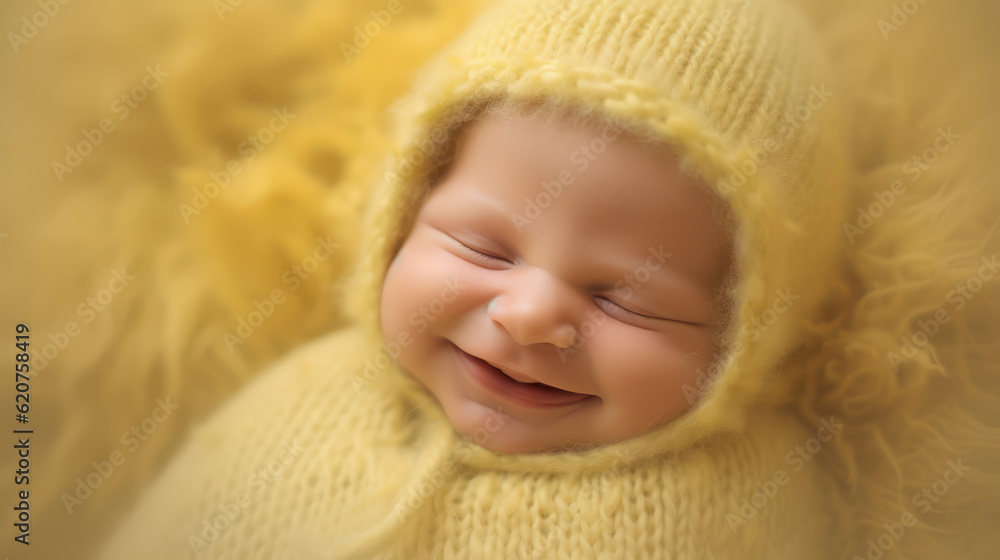 Sleeping newborn, smile baby, soft yellow background Sleeping newborn, smile baby, soft yellow background