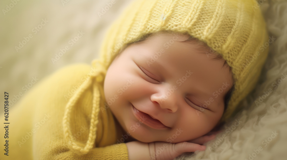 Sleeping newborn, smile baby, soft yellow background Sleeping newborn, smile baby, soft yellow background