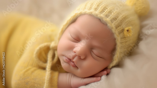 Sleeping newborn, smile baby, soft yellow background