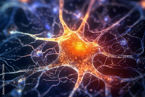 Neural network . Neuron cells of human nervous system . Created by generative AI .