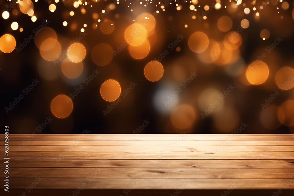 christmas night backdrop with golden lights on a wooden table, in the style of rounded