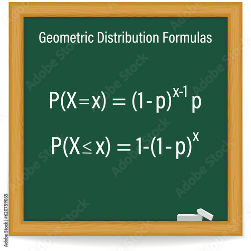 Geometric distribution formulas on a green chalkboard. Vector illustration. 
