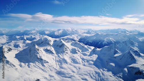 Panoramic View of Snow-capped Peaks and Alpine Valleys from a Glider. Generative Ai © PRI