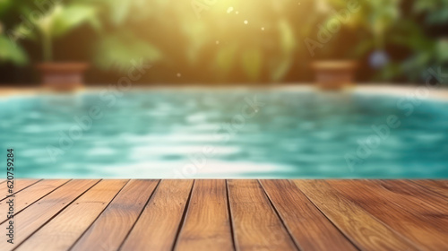 Wooden board empty table top and blur swimming pool background.