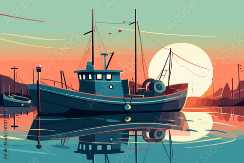 Fotografia, Obraz Hand-drawn cartoon Shrimp boats flat art Illustrations in minimalist vector styl