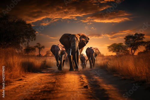 Harmonious Herd: Family of Elephants Walking Together. Generative AI