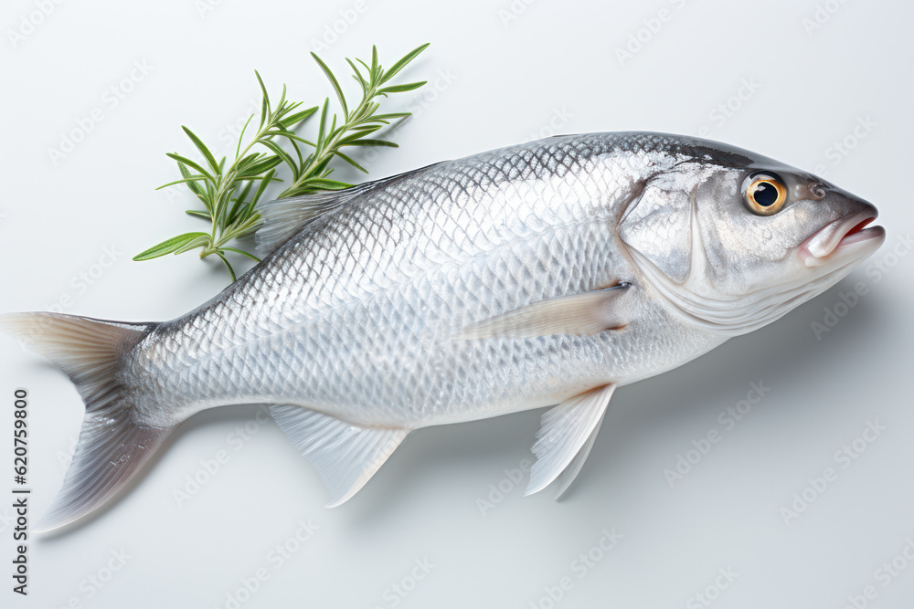 Herb-infused Delight: Whole Fish with Rosemary on a White Background. Generative AI Herb-infused Delight: Whole Fish with Rosemary on a White Background. Generative AI
