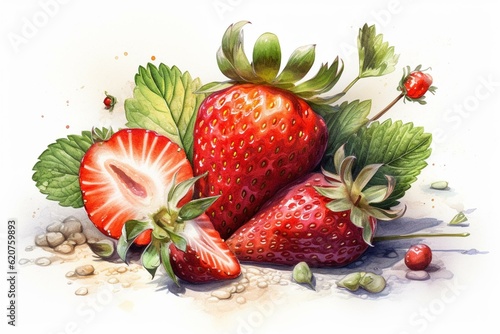 Illustration of a watercolor strawberry and sliced strawberries on white background. Generative AI