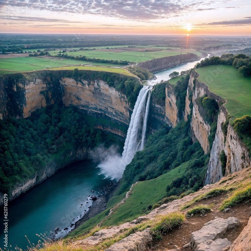 Waterfall in Green Valley at Sunset created with Generative AI.