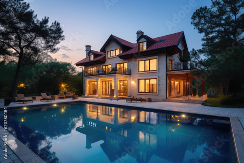 Expensive private villa. Swimming pool in a private house. Mansion exterior. Luxury villa with swimming pool, generative AI © Kien