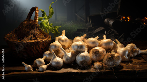 Rustic Charm: Garlic Bulbs in a Natural Form. Generative AI © Anthony Paz