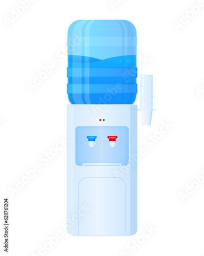 Floor water cooler with holder for office and home. Plastic big bottle. Water dispenser with full bottle, as well hot and cold water taps. Vector illustration.