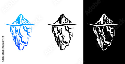 Floating iceberg icon. Ice frozen mountain landscape. Huge white block of ice drifts along blue current with massive underwater breakaway from northern antarctic coast. Vector illustration.