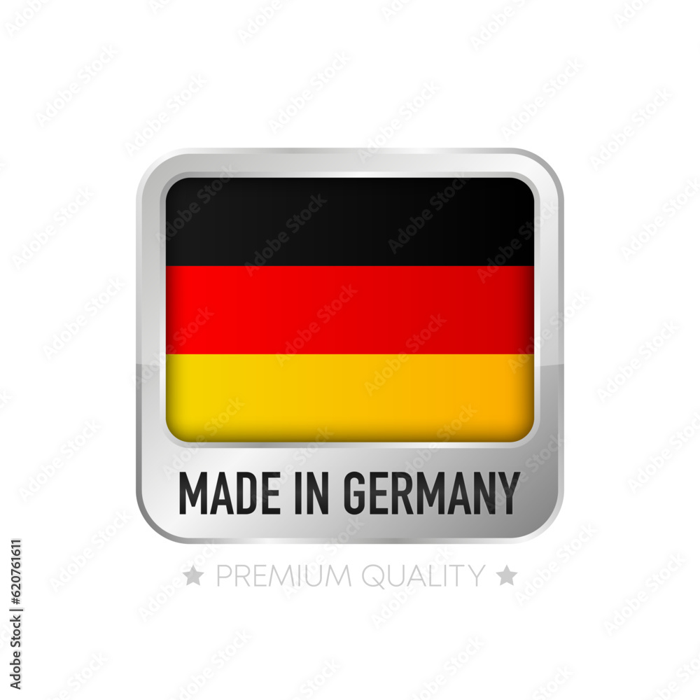 Made in Germany label. Flat isolated stamp made in Germany. 100 percent quality. Quality assurance concept. Vector illustration. Made in Germany label. Flat isolated stamp made in Germany. 100 percent quality. Quality assurance concept. Vector illustration.