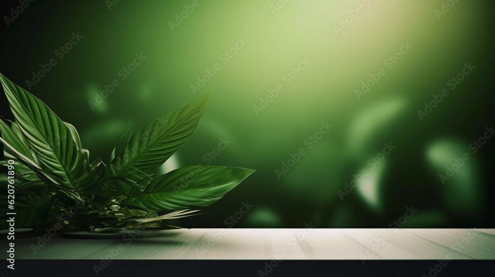 Wooden product display podium with green leave background, Minimalistic nature background, Template design for cosmetics, beauty nature product showcase, poster, banner, cover design, AI generated. Wooden product display podium with green leave background, Minimalistic nature background, Template design for cosmetics, beauty nature product showcase, poster, banner, cover design, AI generated.