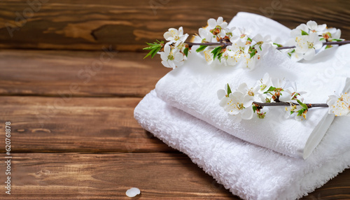 White fluffy bath towels with branch flowering cherry on wooden background. Spa and bodycare concept. Spa composition . Copy space