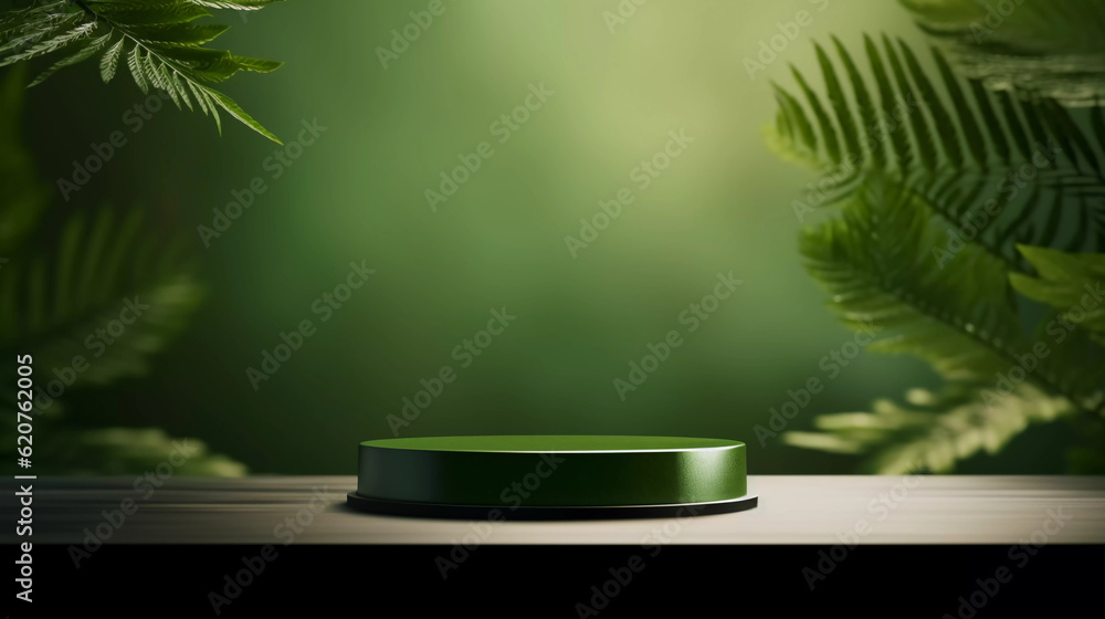 Wooden product display podium with green leave background, Minimalistic nature background, Template design for cosmetics, beauty nature product showcase, poster, banner, cover design, AI generated.