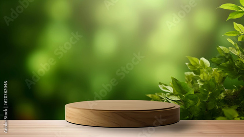 Wooden product display podium with green leave background, Minimalistic nature background, Template design for cosmetics, beauty nature product showcase, poster, banner, cover design, AI generated.