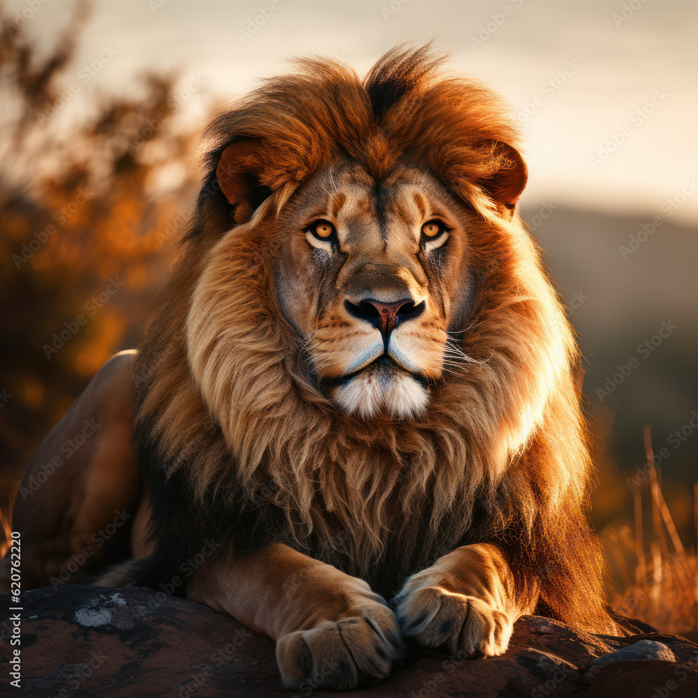 Serenity King: Lion Resting on a Sunny Day. Generative AI