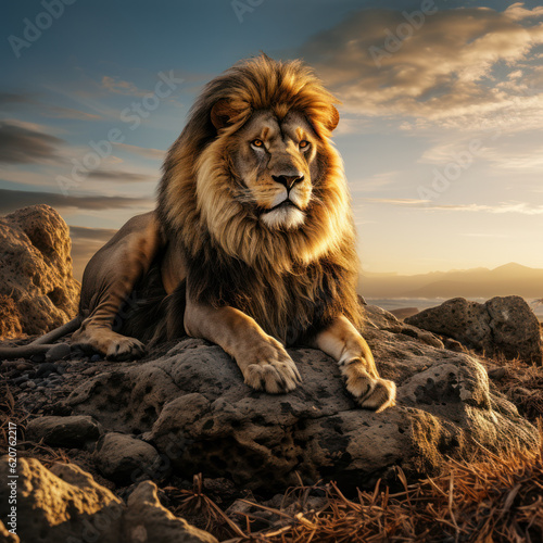 Serenity King: Lion Resting on a Sunny Day. Generative AI