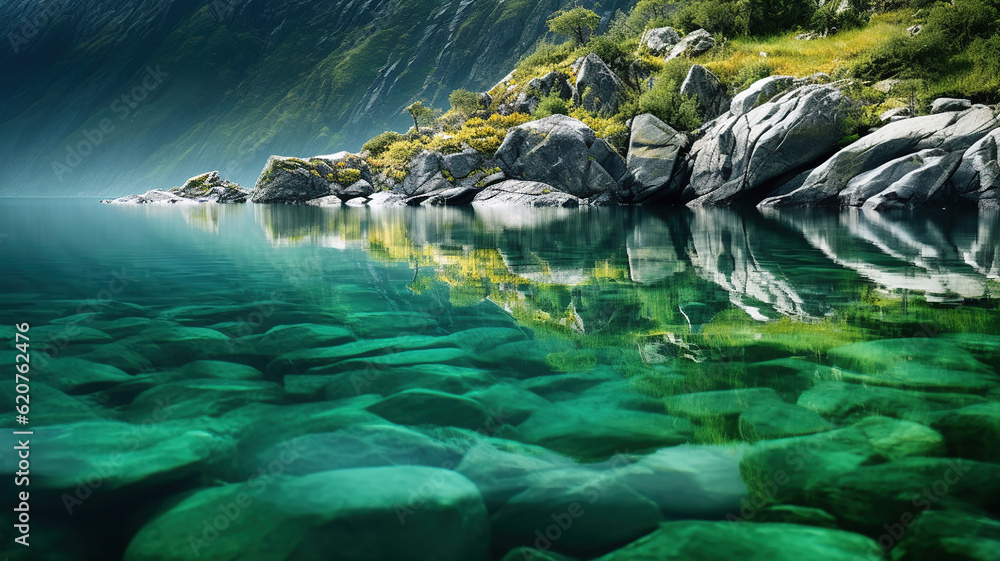 Fototapeta premium Tranquil Reflections in the Emerald Lakes of New Zealand. Generative Ai