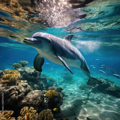 Joyful Aquatic Companion: Happy Dolphin in the Water. Generative AI © Anthony Paz