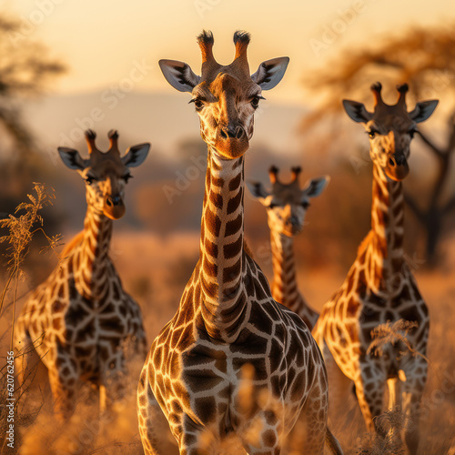 Savannah Grace: Four Giraffes in the African Wilderness. Generative AI