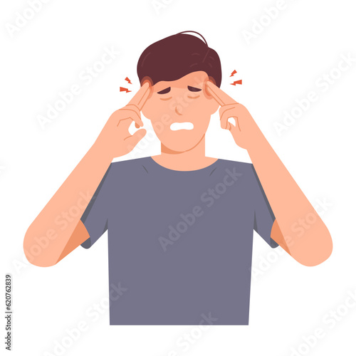 Man with headache. People with stress or migraine. Male character with cumulative stress. Squeamish. vector illustration Isolated on white background.