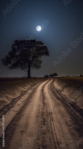 Full moon over a dirt road in the night