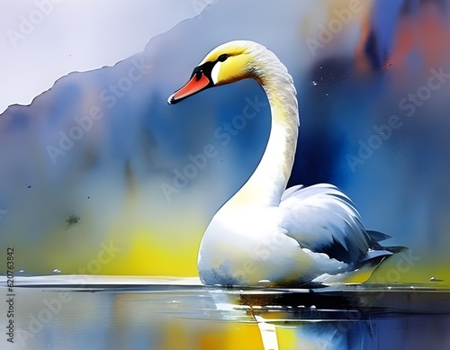 Fototapeta Naklejka Na Ścianę i Meble -  Beautiful watercolor painting of white swan in the pond for design template. Generative AI