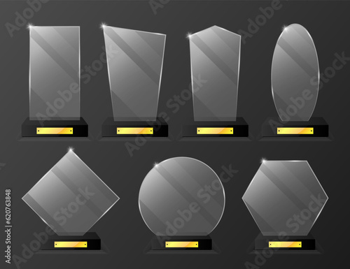 Glass Trophy Awards. Realistic glass winner Trophies. Set of luxurious glass figurines. First place award, crystal prize. Collection of cups for winners in competitions. Vector illustration.