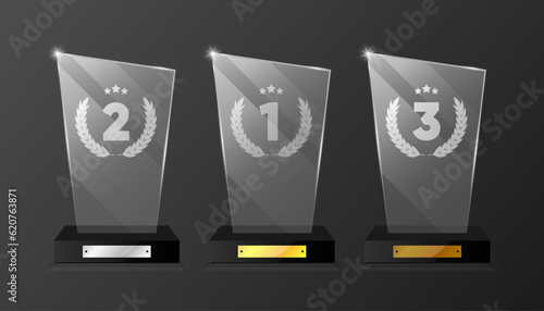 Glass Trophy Awards. Realistic glass winner Trophies. Set of luxurious glass figurines. First place award, crystal prize. Collection of cups for winners in competitions. Vector illustration.