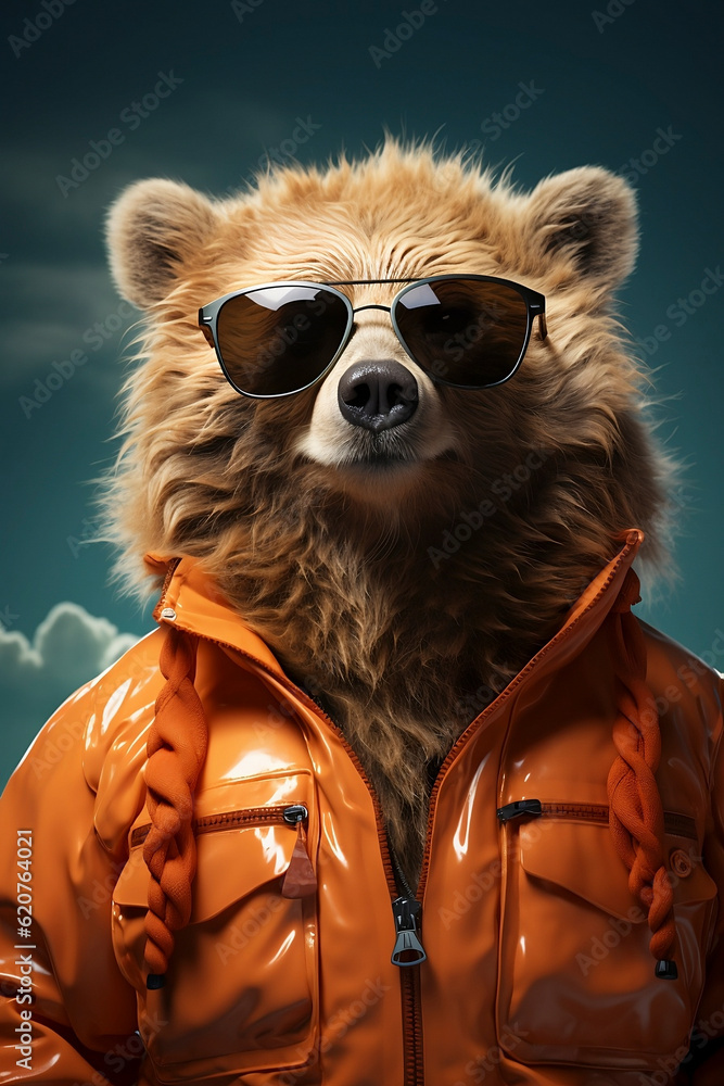 Portrait of a Bear dressed as a human with sun glasses, super cool, modern, funny. Generative AI.