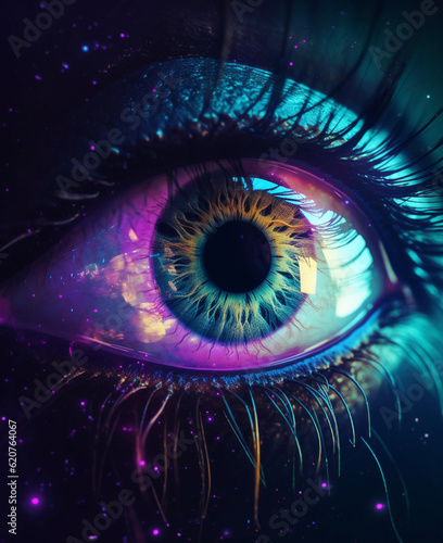 Purple and Teal Eye Close Up Dark Background Floating in Space