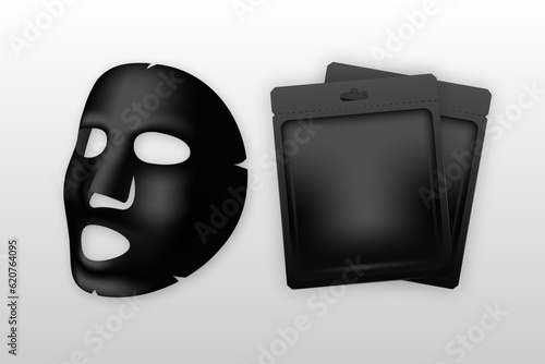 Black cloth Face Mask, cosmetic treatments, rejuvenation. Skin care, cosmetic product for facial care. Realistic vector illustration.