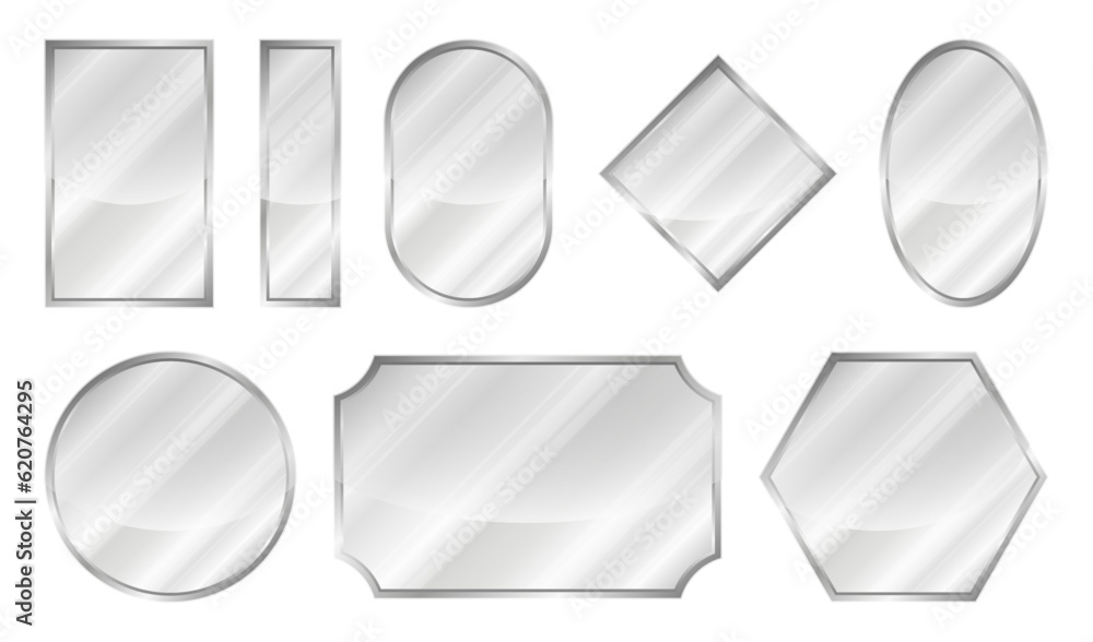 Realistic mirror collection. Reflecting glass mirrors of different