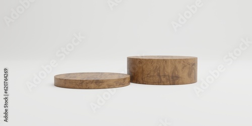 Brown wooden rectangle cube product stage podium on white background isolated. Minimal fashion theme. Geometry exhibition stage mockup concept. 3D illustration rendering graphic design