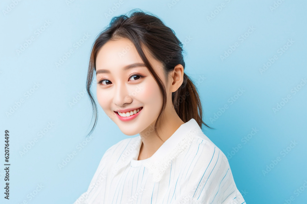 笑顔の女性のポートレート 青色背景 AI生成画像 ジェネレーティブ AI 笑顔の女性のポートレート 青色背景 AI生成画像 ジェネレーティブ AI